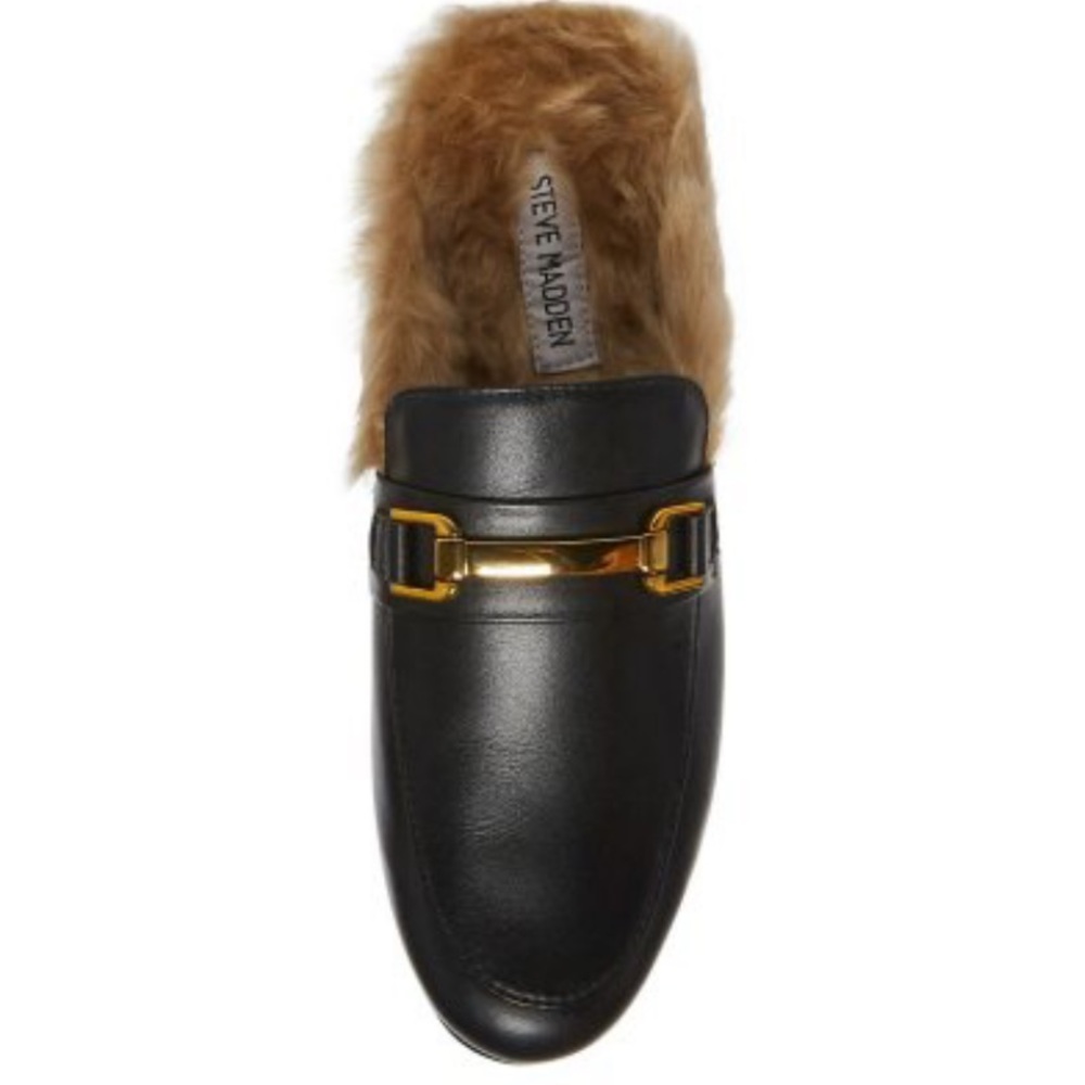 Steve Madden Black Faux Fur Slip On Mules with Gold Details--New in box